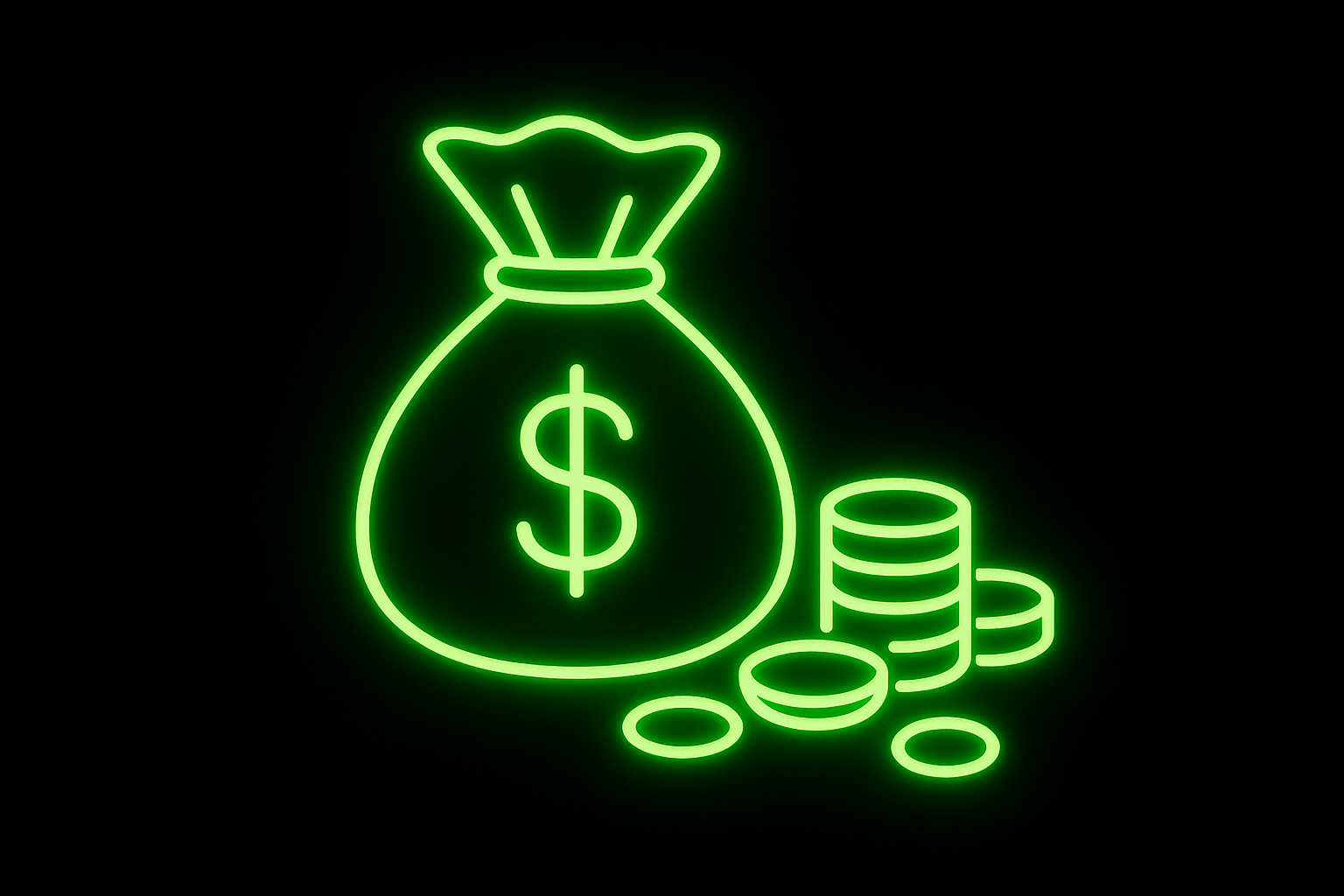 Create an Image of a Neon green money bag with coins next to it. It can be very minimalistic with just outlines and a black background.